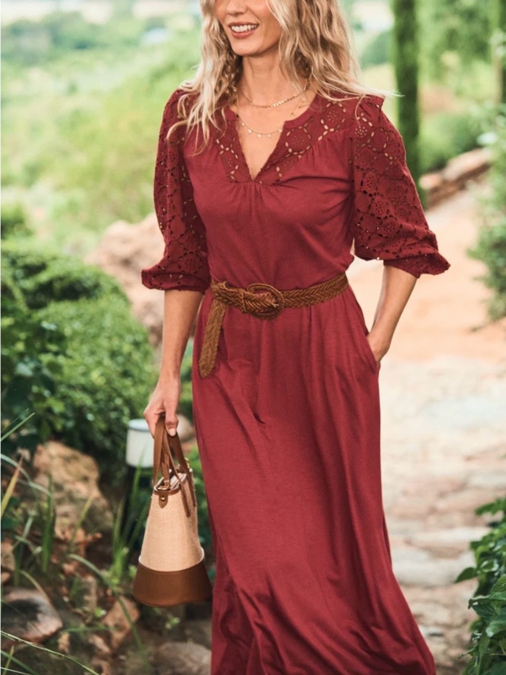 Boden Eden Broderie Jersey Dress—Burgundy Eyelet Detail Midi with Belt, NWOT - Picture 2 of 10
